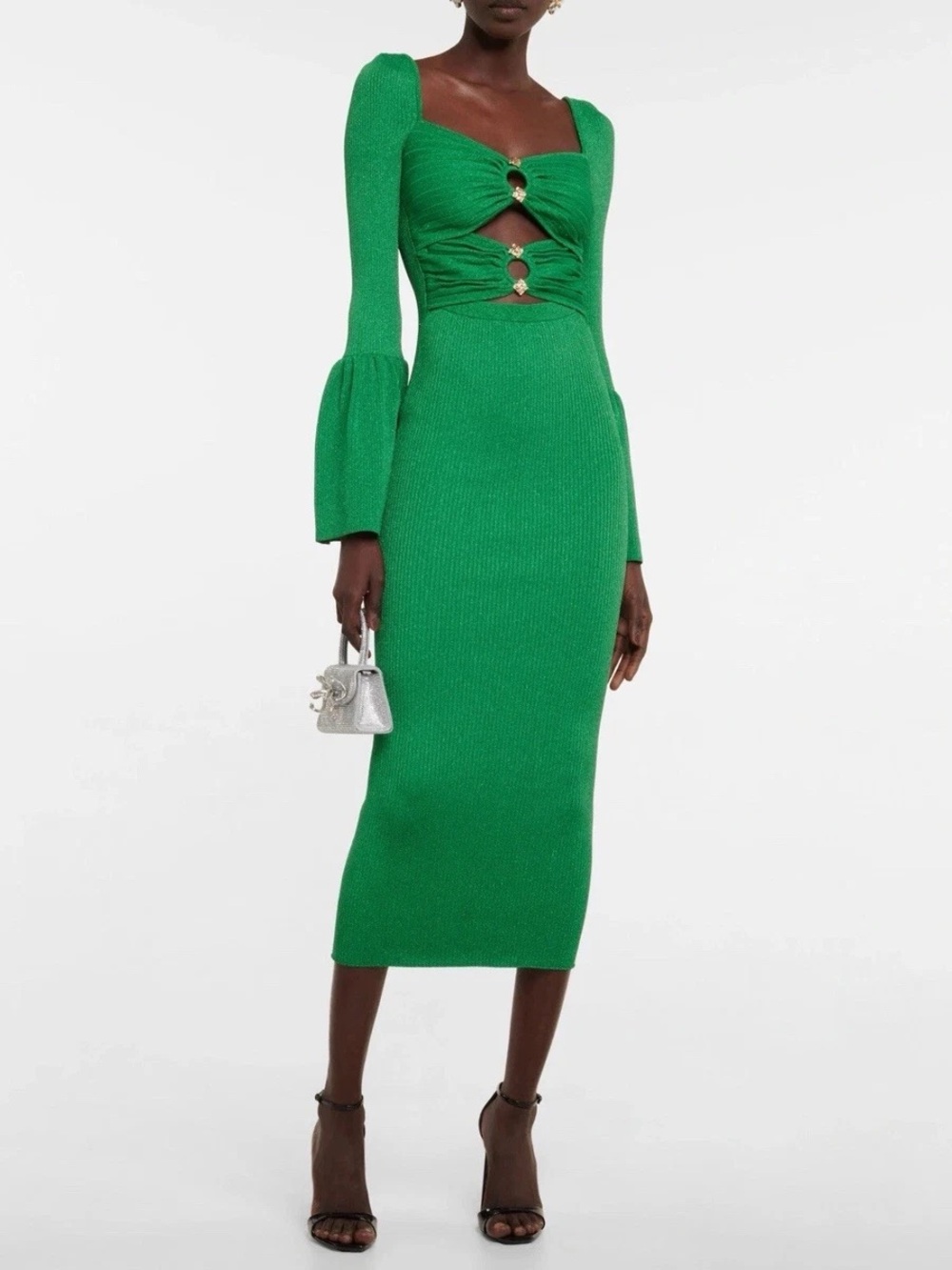 SELF PORTRAIT Cutout Ribbed Knit Lurex MIDI Dress in Green Sz S